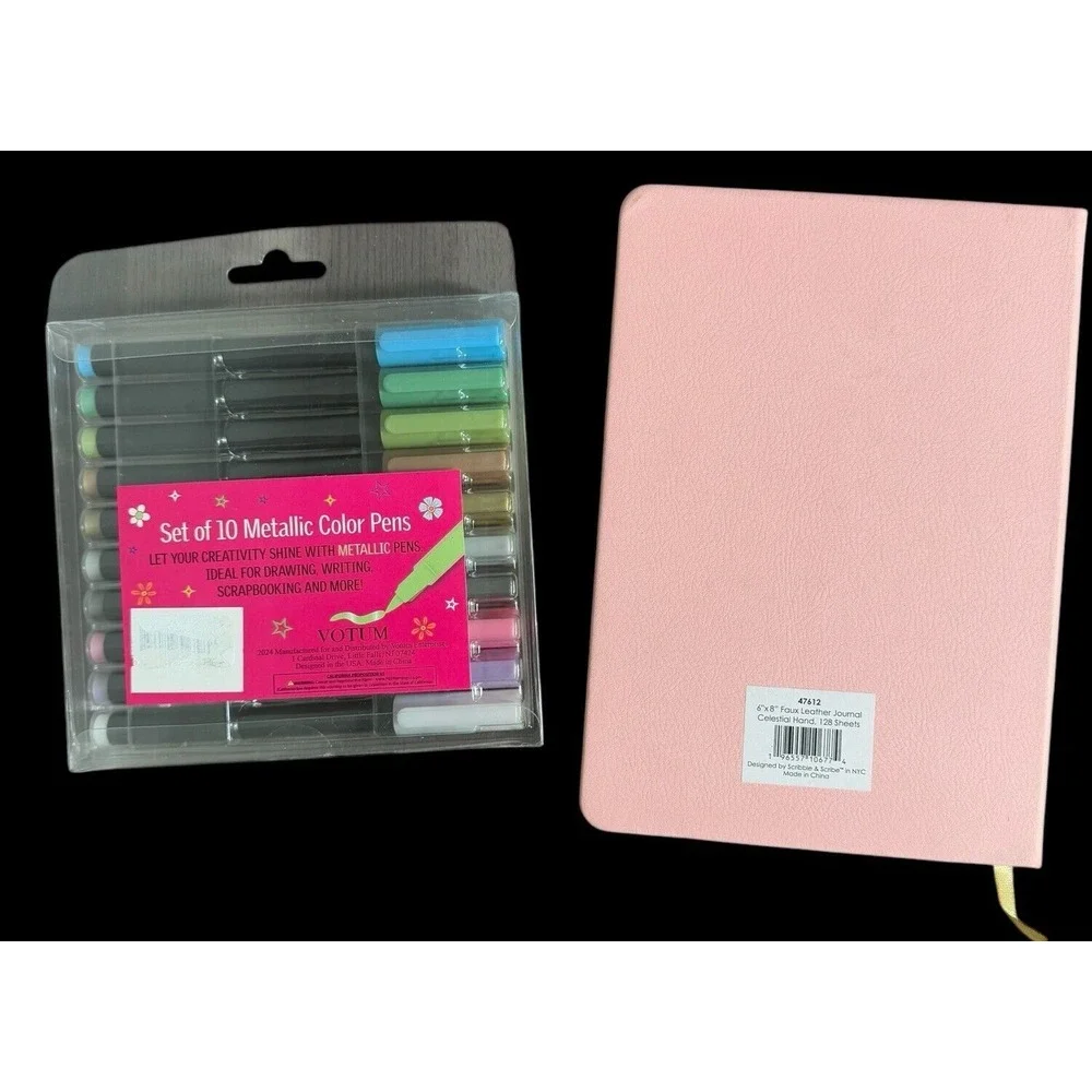 10 Metallic Color Pens & Pink 6x8 Faux Leather Journal Celestial Hand 128 Sheets